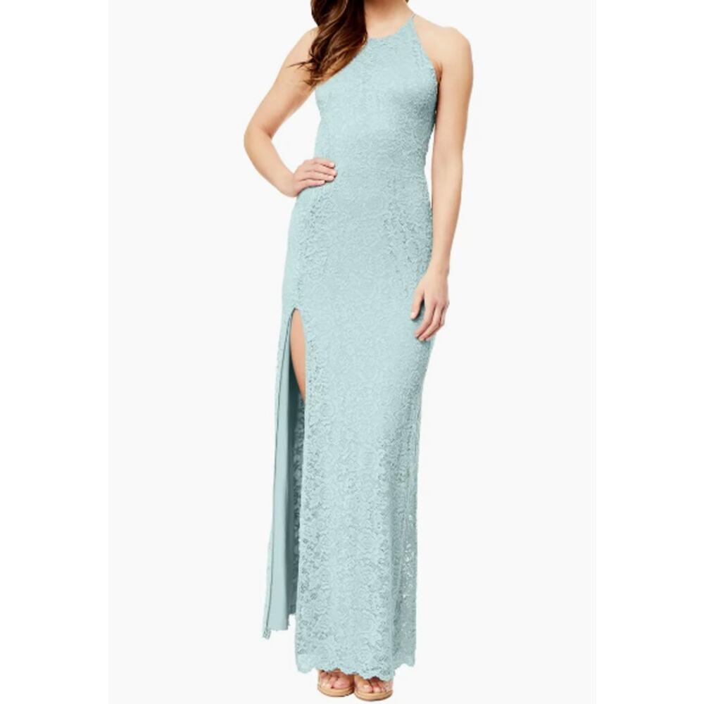 Love Design Dress XS Lace Backless Stretch High Slit Aqua Mint Evening Feminine